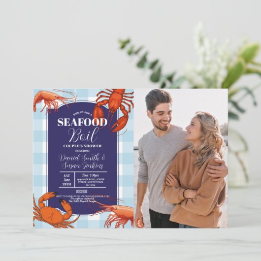 シーフードボイル婚約パーティフォトネイビーロブスター 招待状 (スタンド正面)