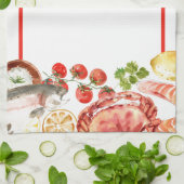 シーフード饗宴レッドストライプ キッチンタオル (折り畳み)