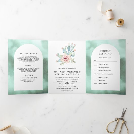 シーフ素朴オムアーチデザートフローラサボテン結婚ズ 三つ折り招待状 (内部)