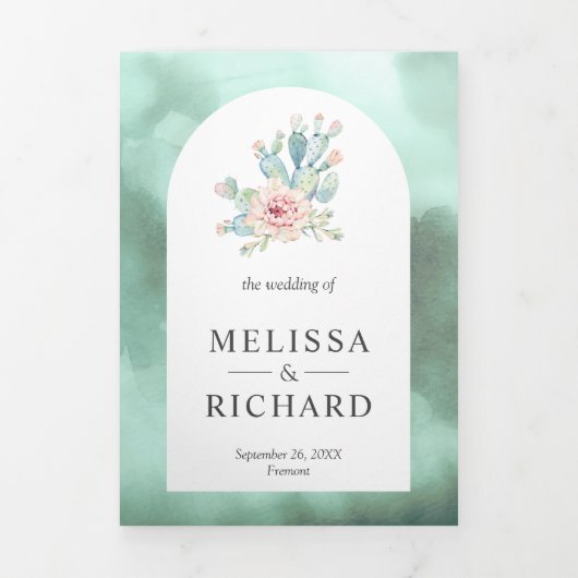 シーフ素朴オムアーチデザートフローラサボテン結婚ズ 三つ折り招待状 (カバー)