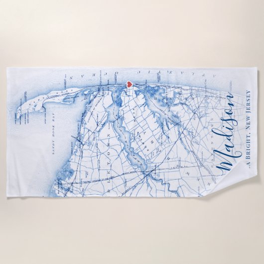シーブライトニュージャージーの地図ネイビーブルー ビーチタオル (正面)