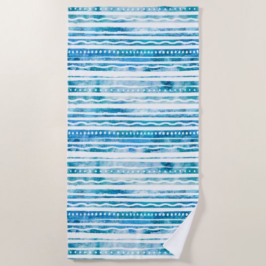 シーブリーズ水彩青ストライプビーチ模様 ビーチタオル (正面)