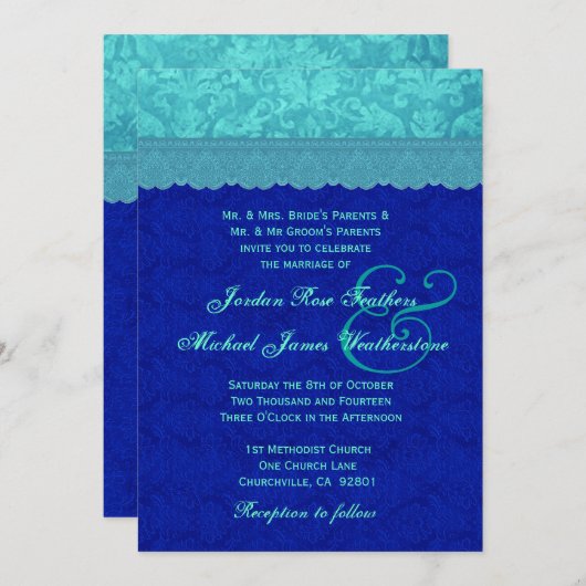 シーブルーとブルー王室のダマスクの結婚式G500G 招待状 (正面/裏面)