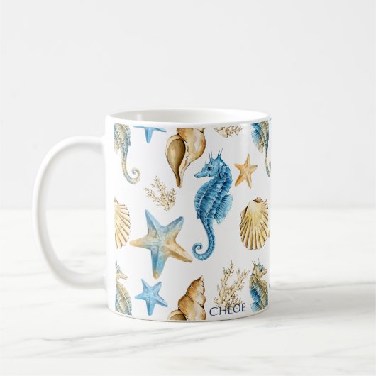 シーブルーと金ゴールドの下でパーソナライズされた コーヒーマグカップ (左)