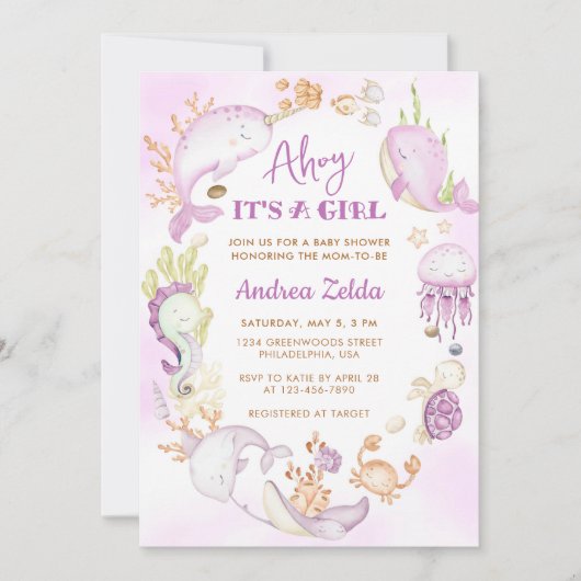 シーブルーアホイの下で女の子の赤ちゃんシャワー 招待状 (正面)