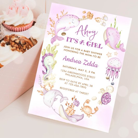 シーブルーアホイの下で女の子の赤ちゃんシャワー 招待状