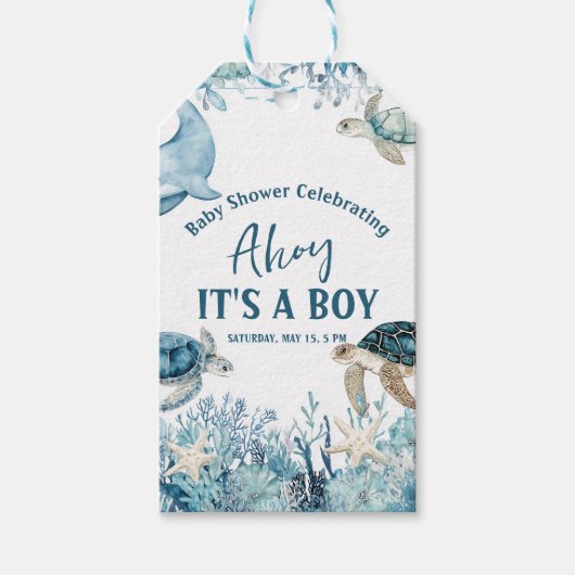 シーブルーアホイの下で男の子の赤ちゃんシャワー ギフトタグ (正面)