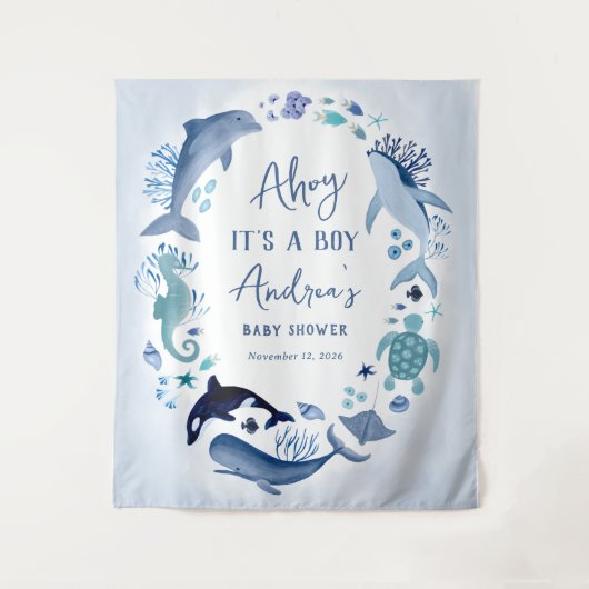 シーブルーアホイの下で男の子の赤ちゃんシャワー タペストリー (正面)