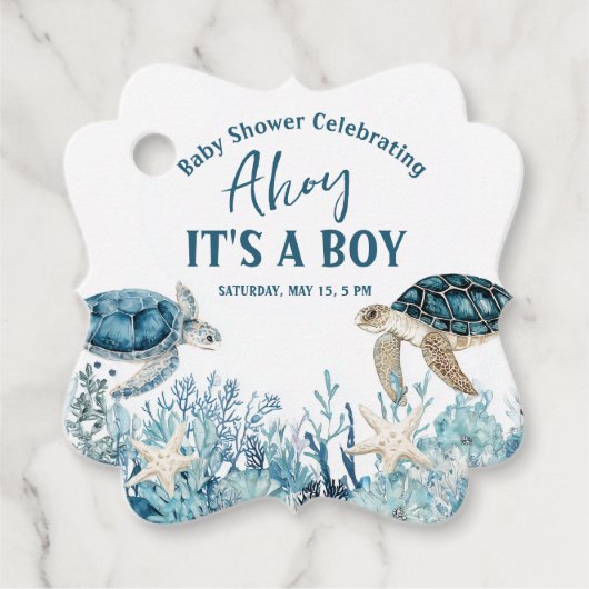 シーブルーアホイの下で男の子の赤ちゃんシャワー フェイバータグ (正面)