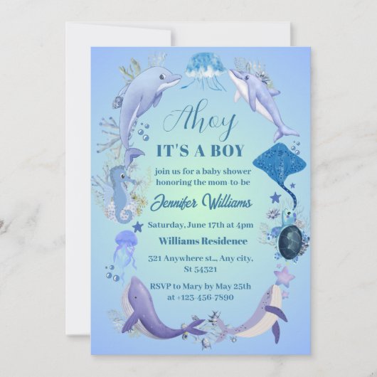 シーブルーアホイの下で男の子の赤ちゃんシャワー 招待状 (正面)