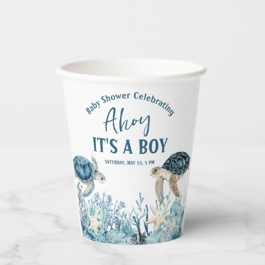 シーブルーアホイの下で男の子の赤ちゃんシャワー 紙コップ (正面)