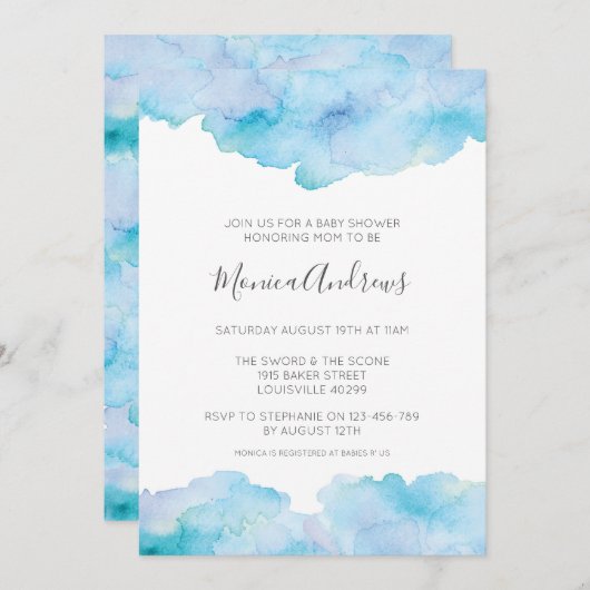 シーブルーウォーターカラーベビーシャワーの招待 招待状 (正面/裏面)