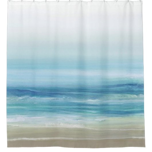 シーブルーウォーターカラー海波沿岸ビーチ シャワーカーテン (正面)