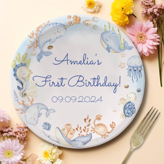 シーブルーシーライフの下1st誕生日パーティー ペーパープレート