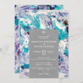 シーブルーパープルブラエレガントシ結婚ストローク 招待状 (正面/裏面)