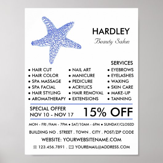 シーブルービーチヒトデ，ボーティシャン，美しいサロン ポスター (正面)