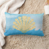 シーブルー波きらめく金ゴールドダイアモンドシーシェル ランバークッション (ブランケット)