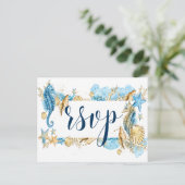 シーブルー金ゴールドホワイトサマーウェディングRSVP インビテーションポストカード (スタンド正面)