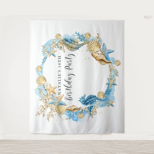 シーブルー金ゴールド誕生会の背景 タペストリー (正面)