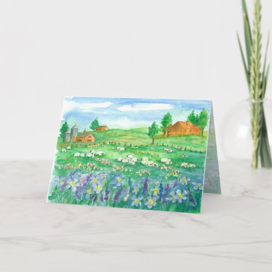 シープワイルドフラワーメドウハッピーバースデー カード (正面)