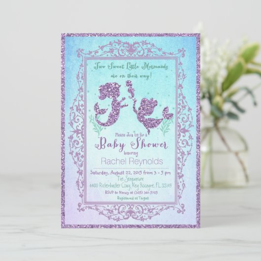 シーベイビーシャワー招待状の下のツインマーメイド 招待状 (スタンド正面)