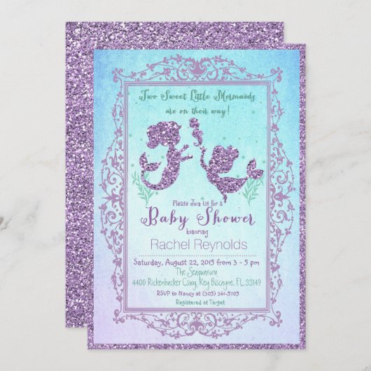 シーベイビーシャワー招待状の下のツインマーメイド 招待状 (正面/裏面)