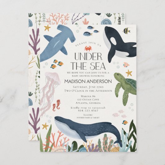 シーベイビーシャワー男女兼用招待状の下で ポストカード (正面/裏面)