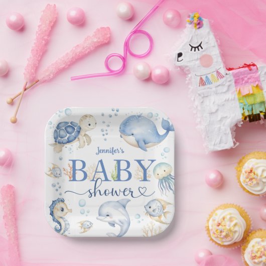 シーベビーシャワーボーイブルー海 ペーパープレート (パーティー)