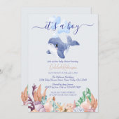 シーホエールウォーターの下の男の子の色ベビーシャワー 招待状 (正面/裏面)