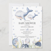 シーホエールカーフレベビーシャワーの下のブルーボーイズ 招待状 (正面)