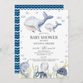 シーホエールカーフレベビーシャワーの下のブルーボーイズ 招待状 (正面/裏面)