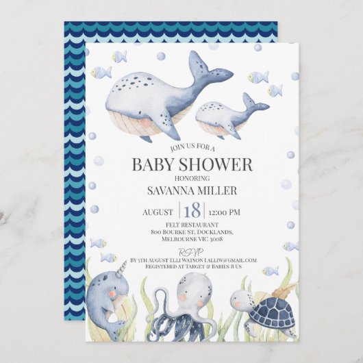 シーホエールカーフレベビーシャワーの下のブルーボーイズ 招待状 (正面/裏面)