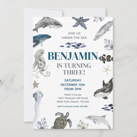 シーホエールシーライフ誕生日パーティーの下 招待状 (正面)