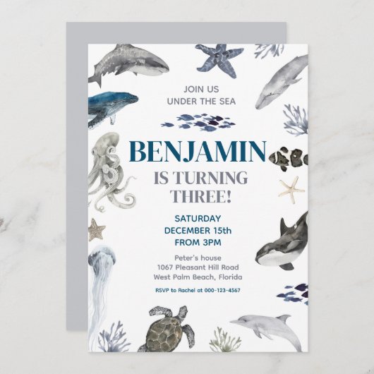 シーホエールシーライフ誕生日パーティーの下 招待状 (正面/裏面)