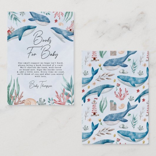 シーホエールブックの下で男の赤ちゃんのベビーシャワー エンクロージャーカード (正面/裏面)