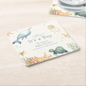 シーホエールボーイ赤ちゃんシャワーの下の中性アホイー スクエアペーパーコースター (アングル)