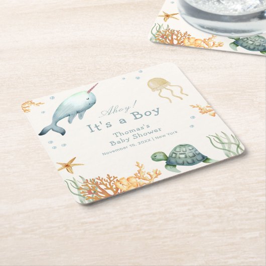 シーホエールボーイ赤ちゃんシャワーの下の中性アホイー スクエアペーパーコースター (アングル)