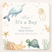 シーホエールボーイ赤ちゃんシャワーの下の中性アホイー スクエアペーパーコースター (正面)