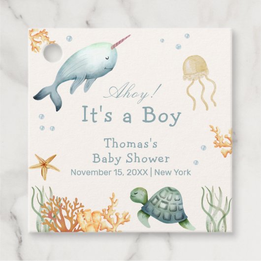 シーホエールボーイ赤ちゃんシャワーの下の中性アホイー フェイバータグ (正面)