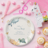 シーホエールボーイ赤ちゃんシャワーの下の中性アホイー ペーパープレート (パーティー)