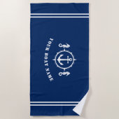 シーホースいかりボート名ネイビーブルー ビーチタオル (正面)