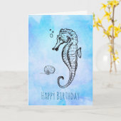 シーホースとシーシェルオンブルーウォーターのカラー誕生日 カード (黄色い花)