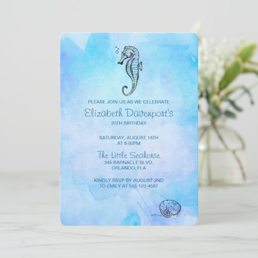 シーホースとシーシェルオンブルーウォーターのカラー誕生日 招待状 (スタンド正面)