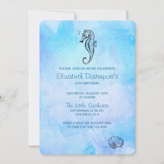 シーホースとシーシェルオンブルーウォーターのカラー誕生日 招待状 (正面)