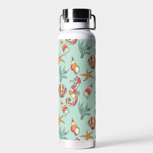 シーホースとシーシェルパターンティール（緑がかった色） ウォーターボトル (背面)