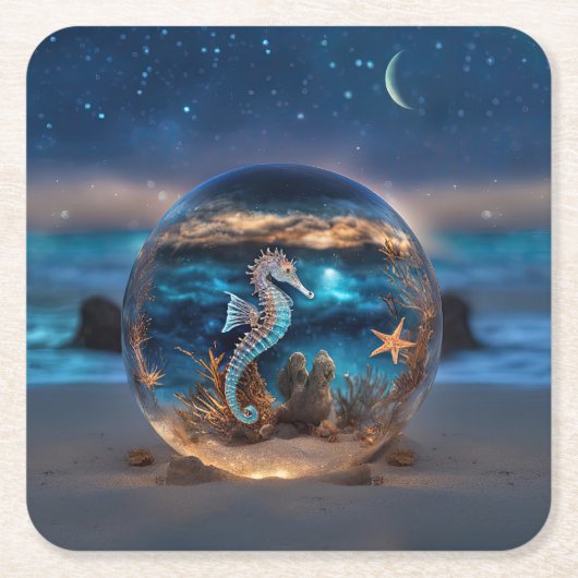 シーホースとヒトデのビーチファンタジー スクエアペーパーコースター (正面)
