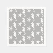 シーホースとヒトデ – シルバーグレーで白 スタンダードカクテルナプキン (正面)