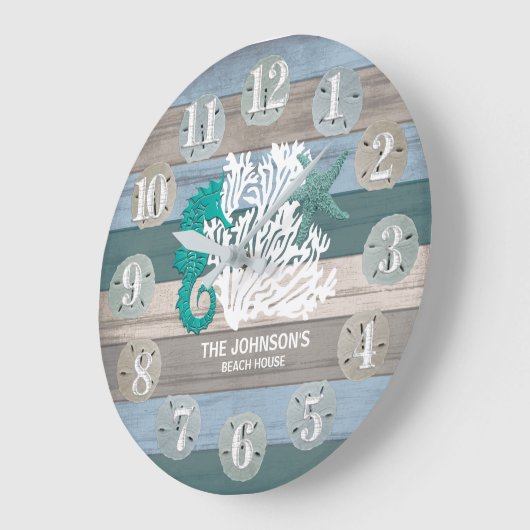 シーホースとビーチウッド航海の – ダークブルーティール（緑がかった色） ラージ壁時計 (傾斜)