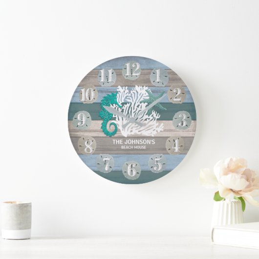 シーホースとビーチウッド航海の – ダークブルーティール（緑がかった色） ラージ壁時計 (ホーム)