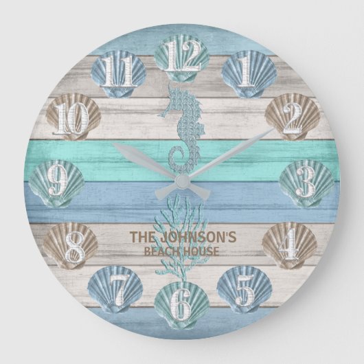 シーホースとビーチウッド航海の – ブルーティール（緑がかった色） ラージ壁時計 (正面)